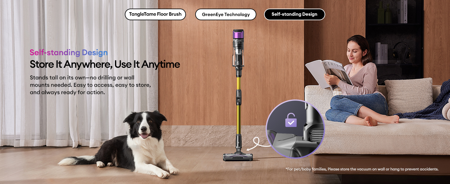 Cordless stick vacuum cleaner with purple accents, standing upright in a living room. Features include self-standing design and apparent versatility for various surfaces.