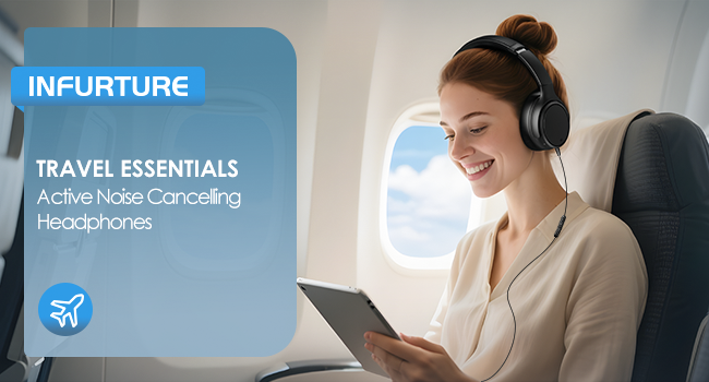 Woman wearing over-ear headphones while using a tablet on an airplane. Text overlay reads 'INFURTURE TRAVEL ESSENTIALS Active Noise Canceling Headphones'.