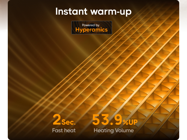 Heating technology infographic showing 2 second fast heat and 53.9% heating volume increase. Orange background with geometric pattern and 'Instant warm-up' text.