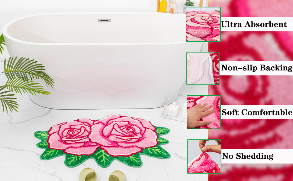 Pink Rose Bathroom Rugs Cute Flower Shaped Bath Mat Green