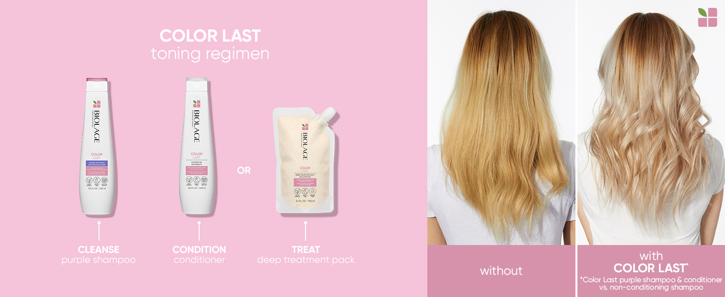 Color Last regimen of purple shampoo, conditioner and deep treatment pack