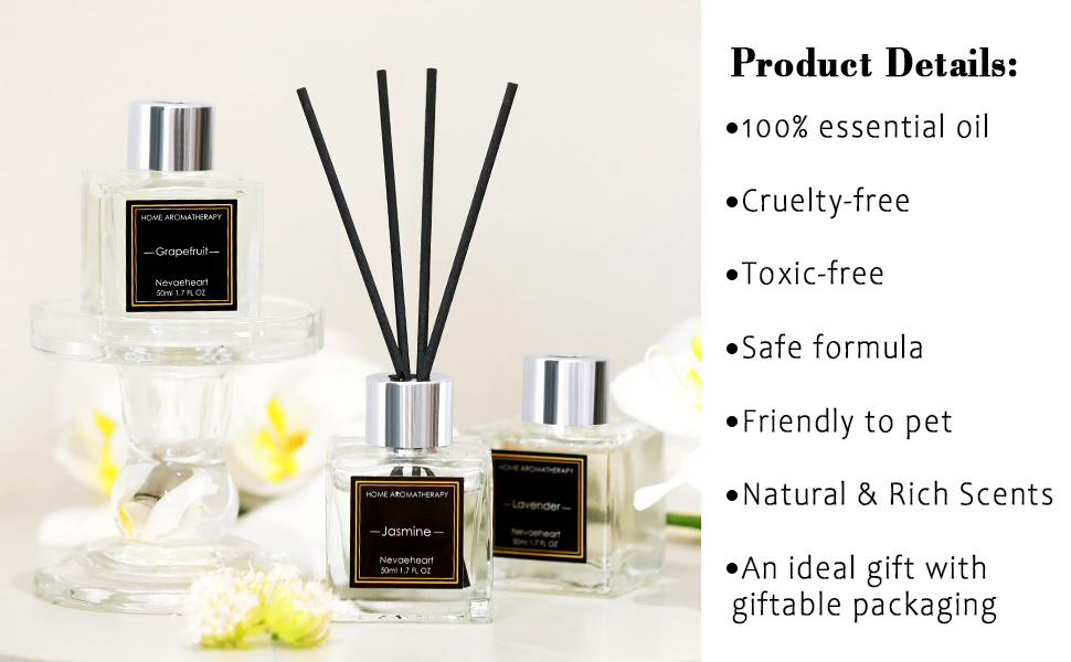 NEVAEHEART Reed Diffuser Set, Gardenia/Freesia/Jasmine & Mint, 1.7OZ x