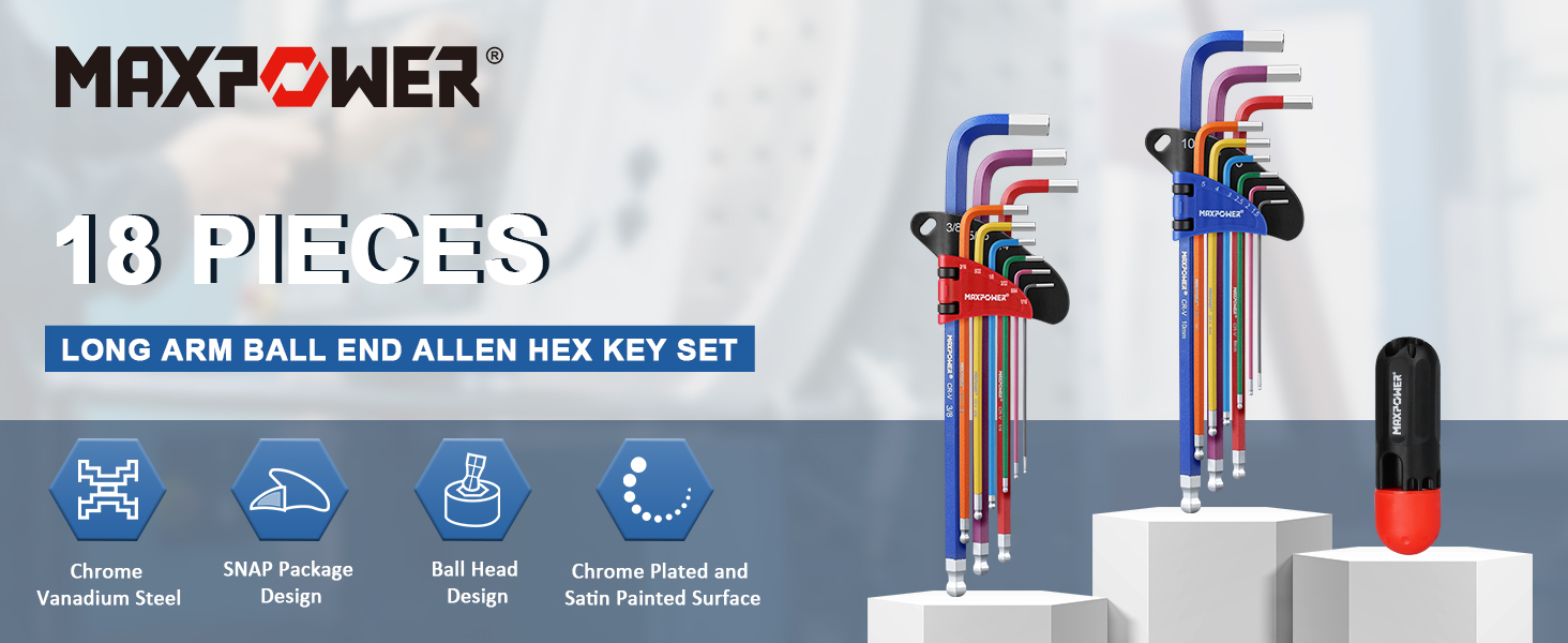 MAXPOWER 18Piece Hex Key Allen Wrench Set, SAE & Metric Extra Long Arm Ball End Set with T