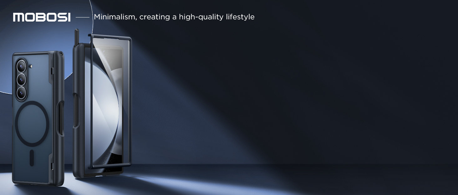 MOBOSI phone case with ring holder and screen protector displayed in dark lighting with dramatic shadows. Product showcases minimalist design elements.