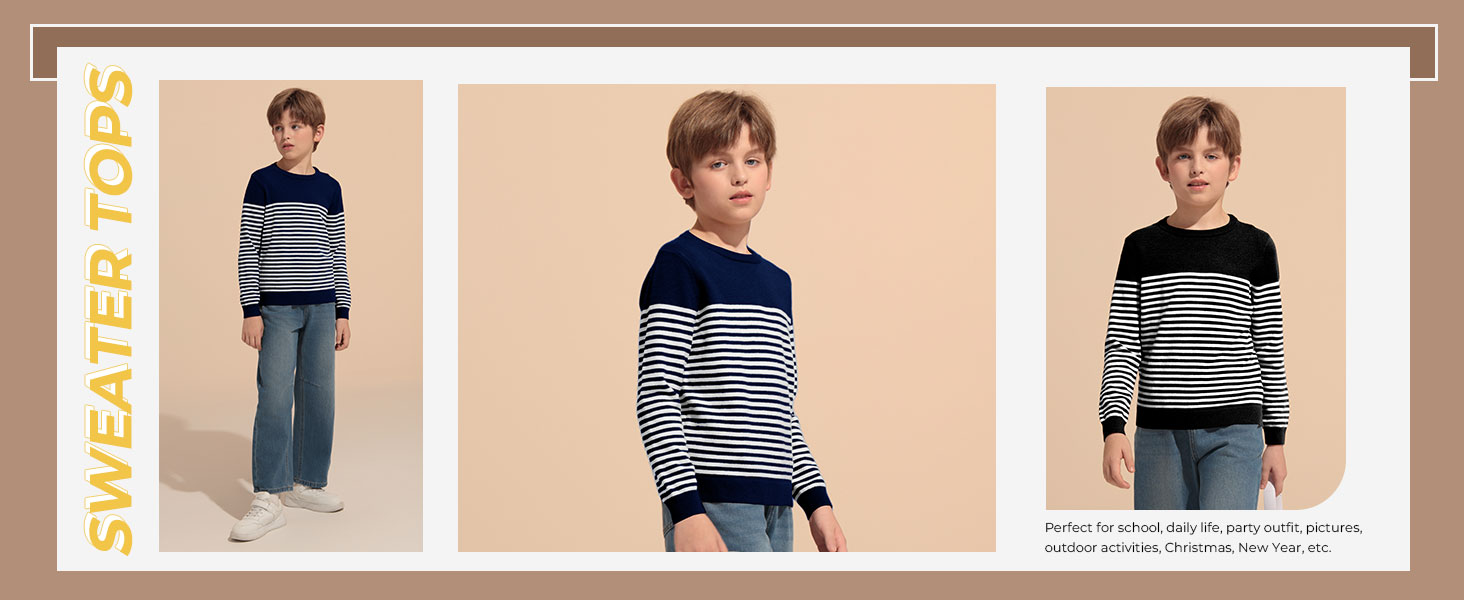 Boys Striped Sweaters Kids Crewneck Long Sleeve Knit Pullover Sweater 5-14 Years