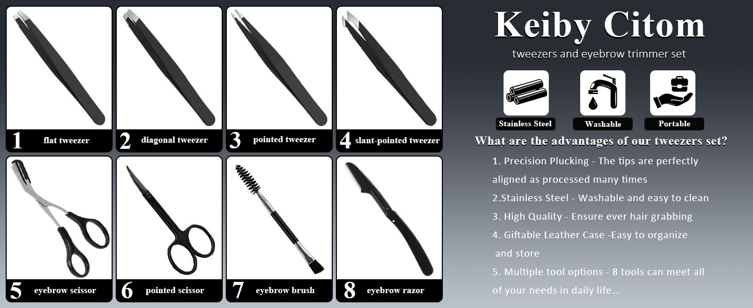 Assortment of black tweezers with different tip shapes. Image includes product features and advantages listed in white text against a dark background.