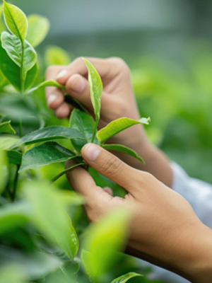 Las manos de una mujer recogiendo hojas de té