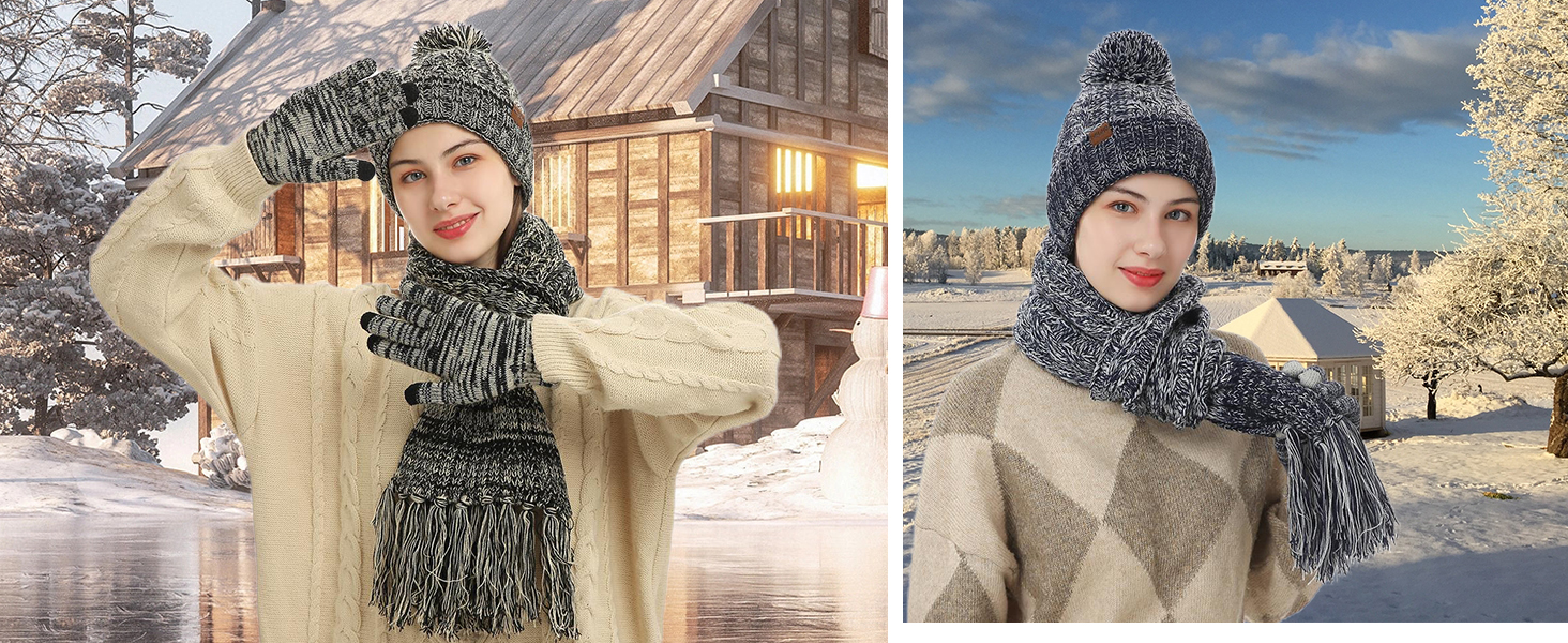 Winter Warm Beanie Hat Scarf and Touchscreen Gloves Set