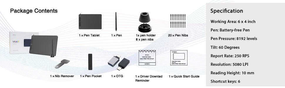 VEIKK Tablet de desenho VK640, tablet OSU de 6 x 4 polegadas com caneta sem bateria, tablet gráfico digital para Android, Windows, Mac, Chrome Linux, suporta função de inclinação, 6 teclas de atalho 30 VK640