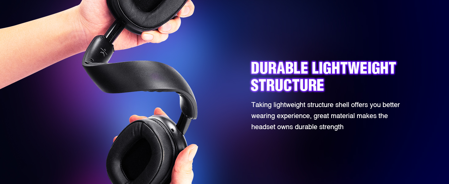 Over-ear headphones with black cushioned earpads and adjustable headband shown against blue background, highlighting durable lightweight structure.