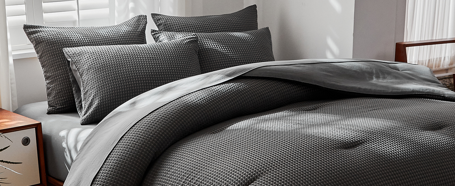 WARMDERN Grey Comforter Set Queen Size Waffle Weave Lightweight Bedding