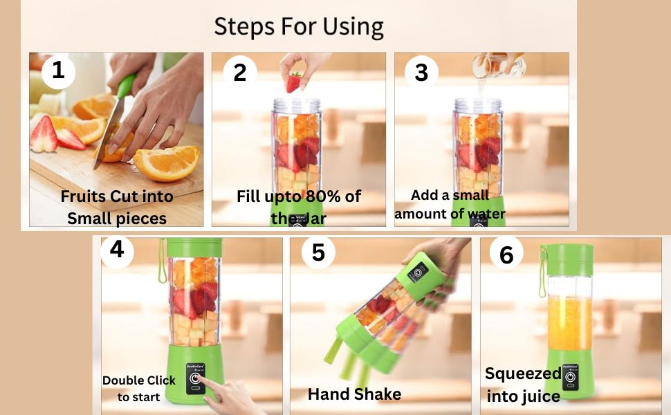 Step-by-step usage of portable juicer: add ingredients, close lid, power on, blend, and pour