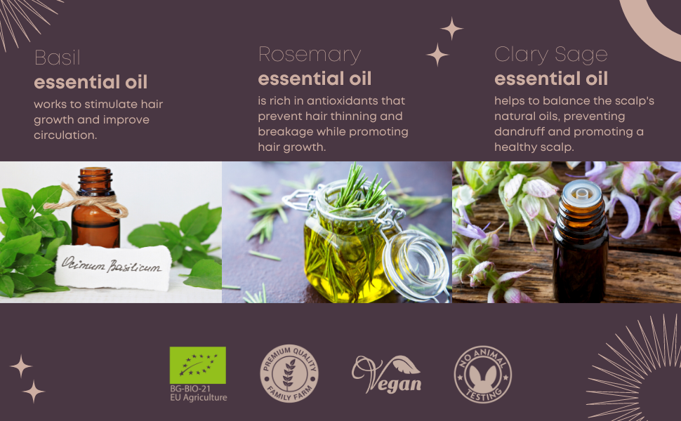 Basil, Rosemary and Clary Sage essential oils, Organic, Family farm, Vegan, Cruelty-free