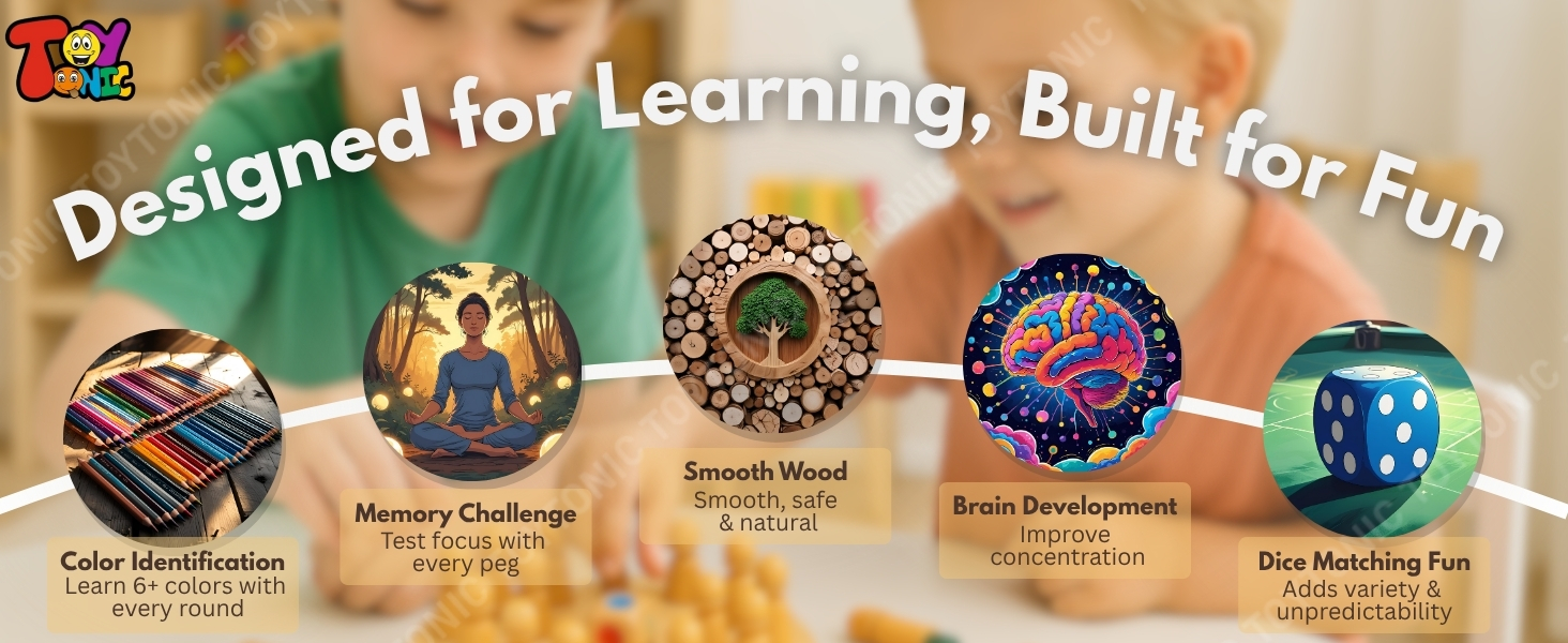 Educational wooden puzzle game with colorful pegs and a round board