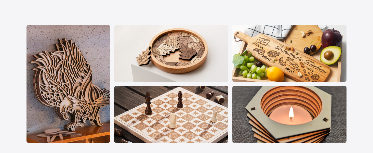 Lifestyle product collection featuring decorative wooden carved item, patterned fabric or paper, and geometric candle holder, arranged in grid layout.