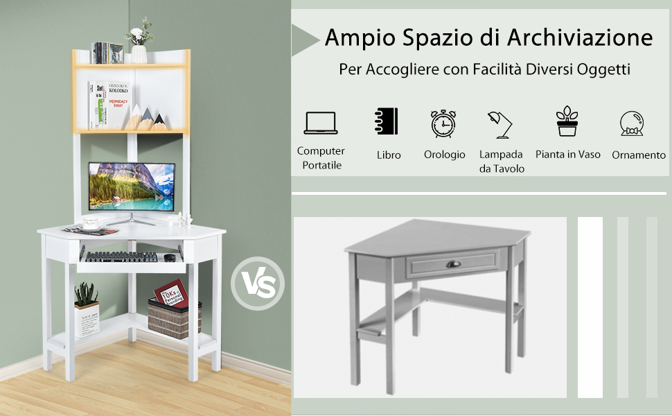 COSTWAY Scrivania Angolare In Legno, Scrivania Porta PC Con Libreria, Vassoio Per Tastiera E Ripiani, Scrivania Salvaspazio E Moderna Per Casa E Ufficio, 70 X 70 X 172 Cm, Bianco 11 3