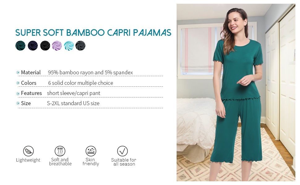 Joyaria Womens Cooling Bamboo Pajamas Short Sleeve Capri Pjs Set Fall