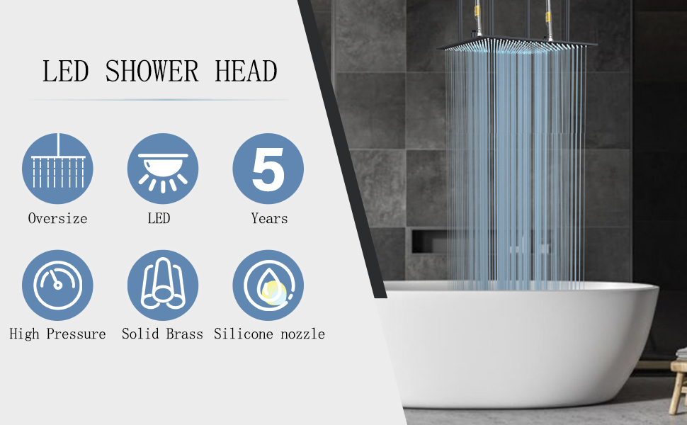 SUGUWORD LED 24 Inch Rainfall Shower Head Square Temperature Sensor 3 Colors Changing Matte Black Solid Brass Ceiling Mounted Bathroom High Pressure Luxury Rainfall Shower Head Full Body Coverage 10 1