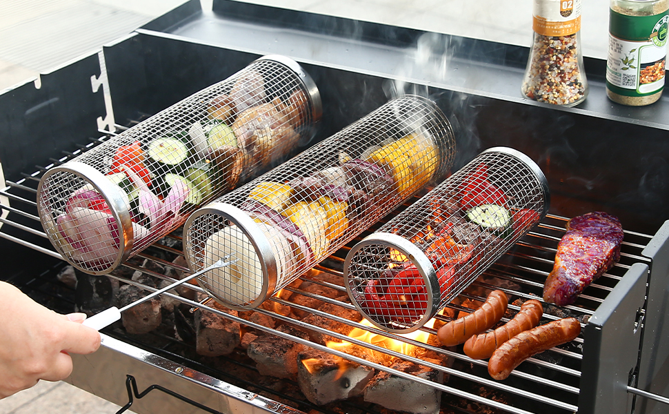 Asuli Grill Basket, 3 Pcs BBQ Net Tube, Stainless Steel