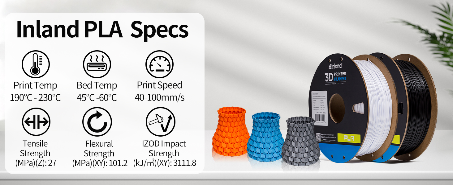 Inland PLA Filament 1.75mm Black 1KG, 3D Printer Filament Dimensional Accuracy +/- 0.02mm, 1kg Spool (2.2lbs) Fits Most FDM 3D Printers (Coal Black, 1 Pack) 12 PLA recommended 3d printer settings