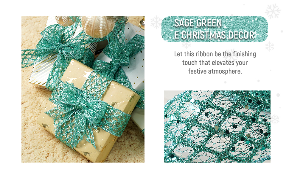 Mayreel Sage Green Glitter Diamond Mesh Wired Ribbon 2.5