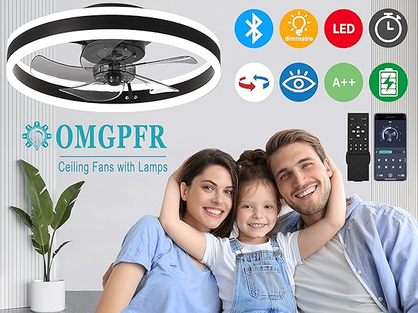 OMGPFR LED Ceiling Fans with Lights Modern Bedroom Fan Ceiling Light Quiet Dimmable Fan Lamp