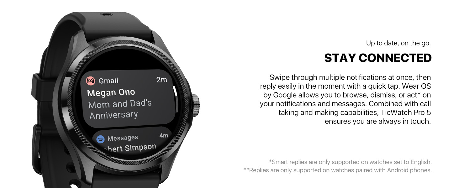 TicWatch Pro 5 Smartwatch with a black strap displaying notifications on its screen, including a Gmail message from 
