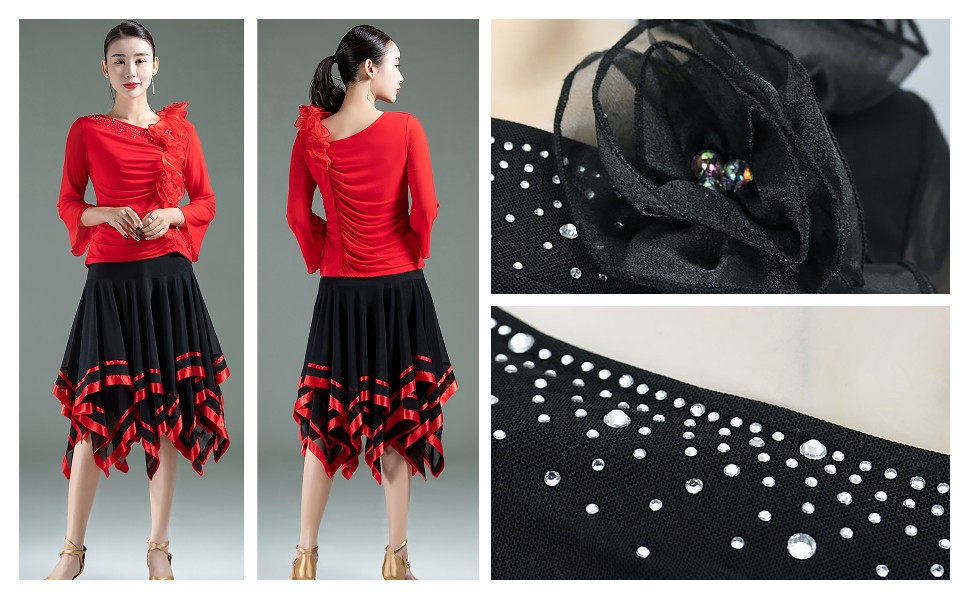 社交ダンス トップス コサージュ付き Amazon.co.jp: [STARRYDANCE] 社交ダンス トップス 赤 黒