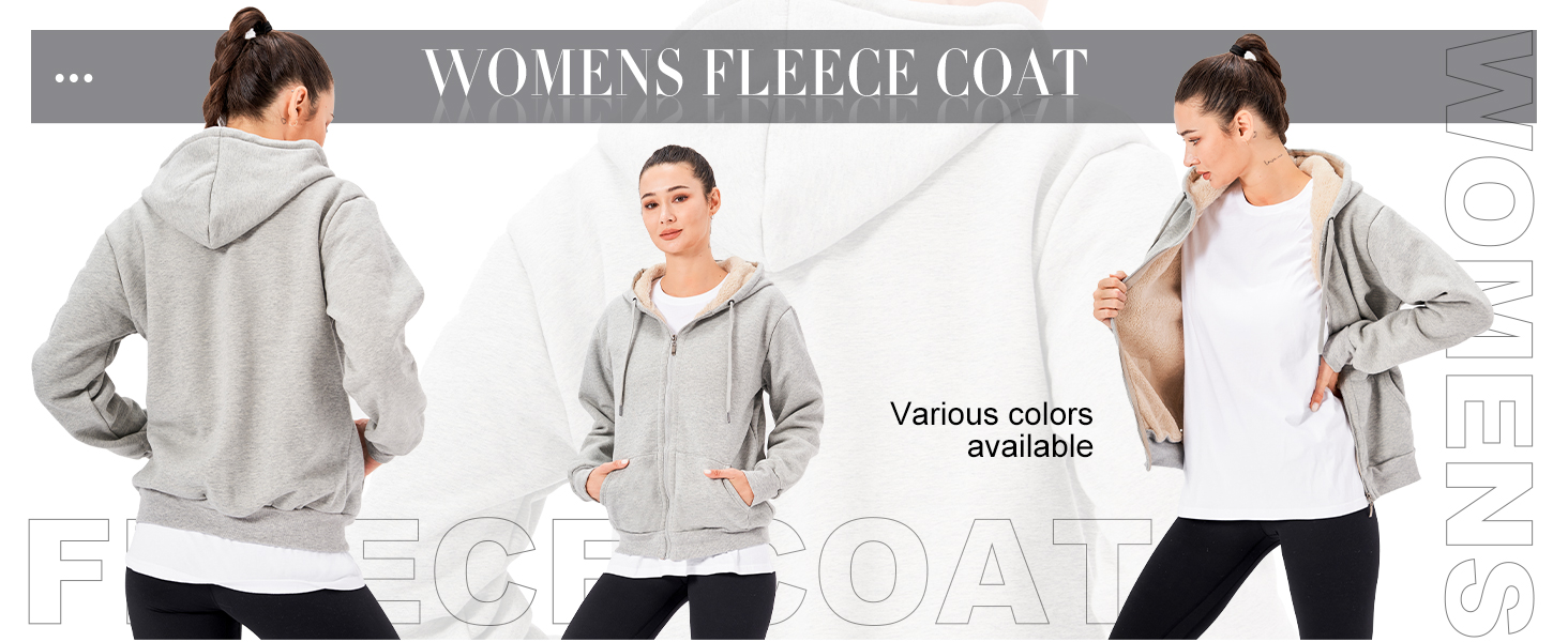 Women's grey fleece hoodie product showcase with three views showing back, front, and side details, with text indicating various colors available.