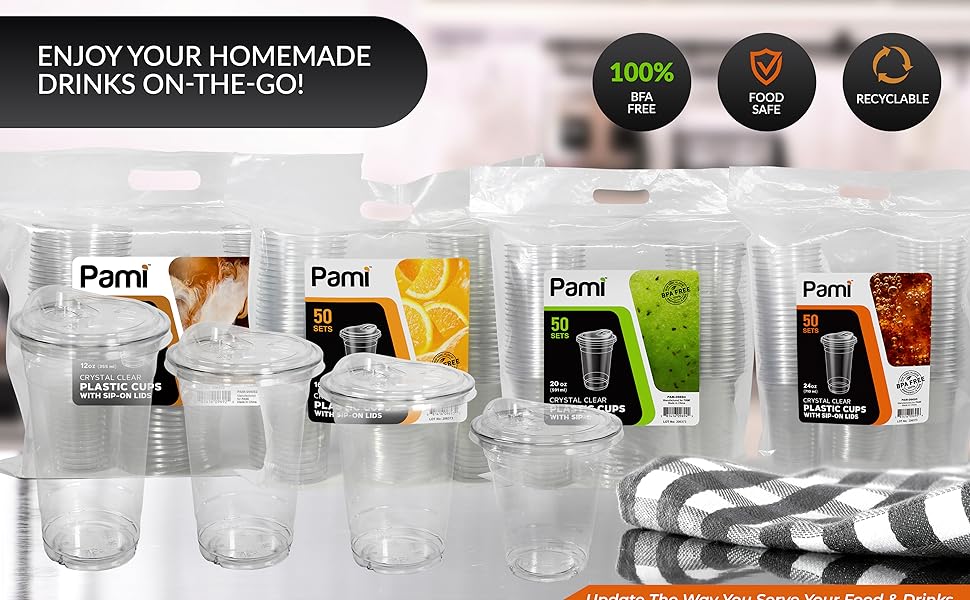 PAMI Clear 20oz Plastic Cups With Sip Lids [Pack of 50