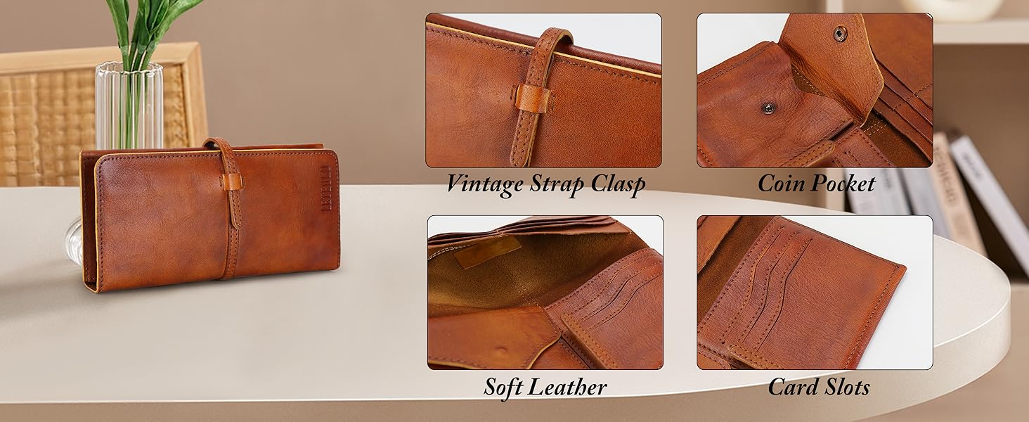 Vintage brown leather wallet with strap clasp, coin pocket, soft leather texture, and card slots shown from multiple angles.