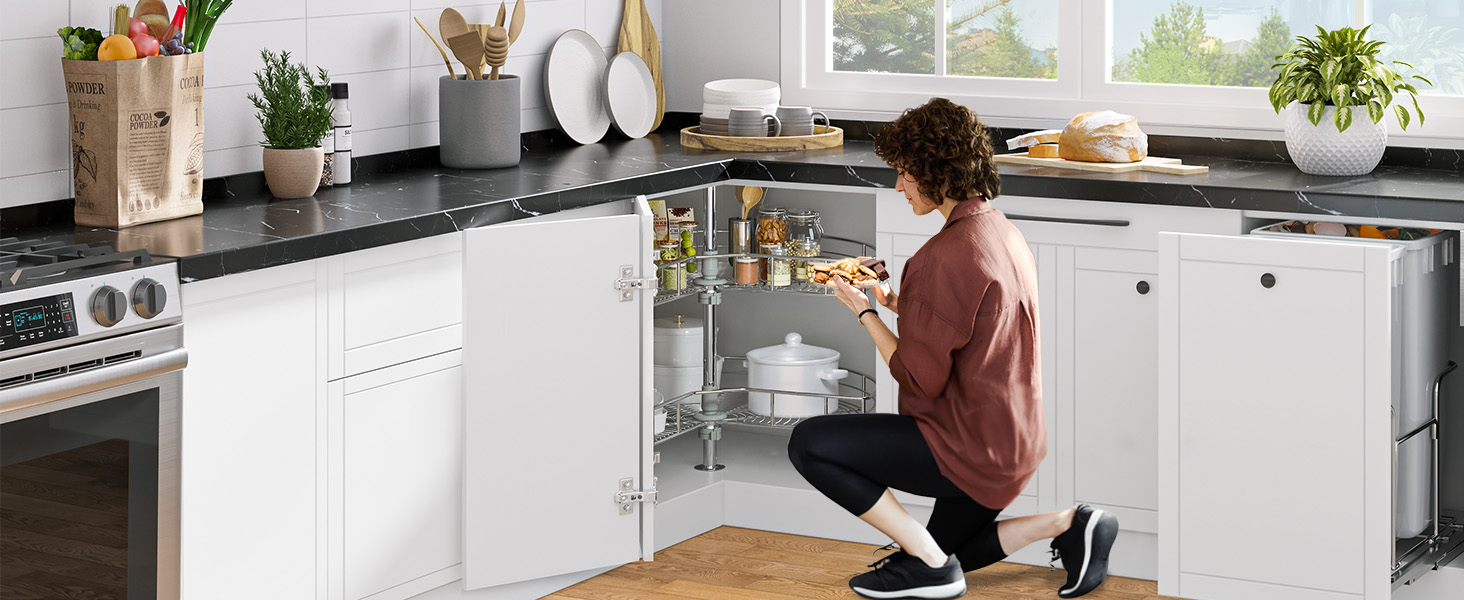 YITAHOME 28Inch Kidney Shaped Chrome Pie Cut 2Shelf Lazy Susan Corner Organizer