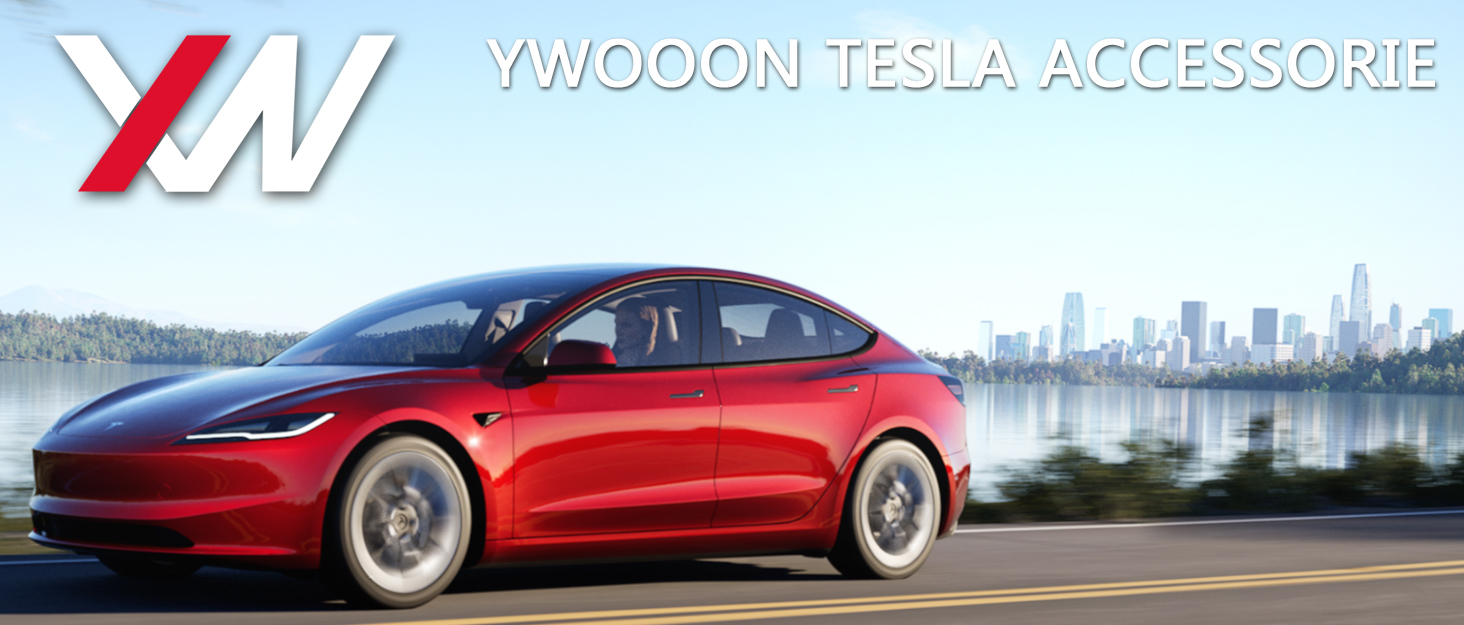 que circula por una carretera con un fondo de paisaje urbano, bajo el estandarte de la marca Tesla Accessories de Ywocoon