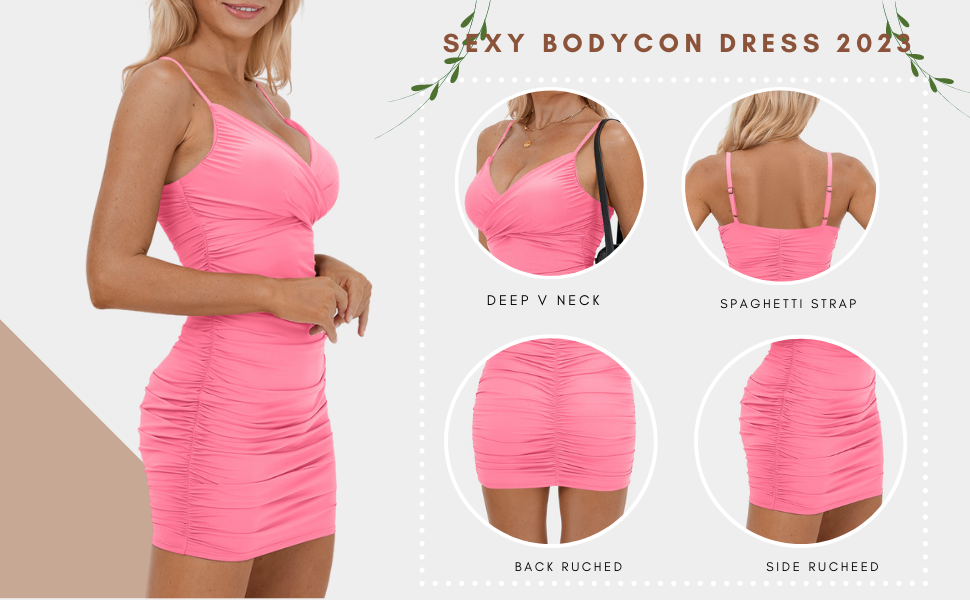 BORIFLORS Women's Sexy Sleeveless Ruched Bodycon Spaghetti Strap Mini Club Party