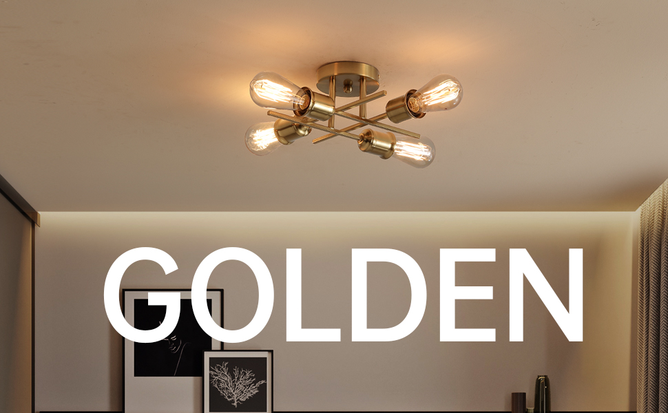Gold Semi Flush Mount Ceiling Light, Modern Sputnik Chandelier 4Light