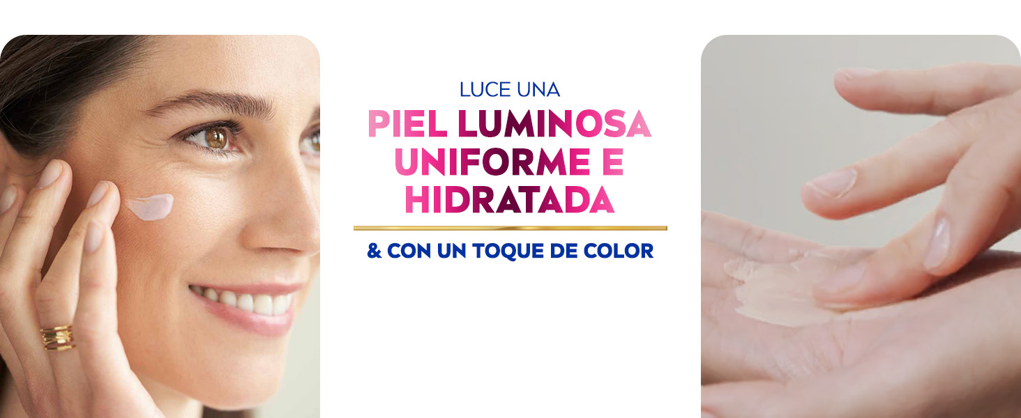 Luce una piel luminosa uniforme e hidratada con un toque de color