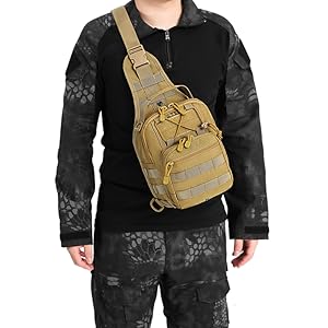 ATBP Tactical Small Tan Sling Bag. Model Height : 175CM, 69". Weight : 150KG,330LB .