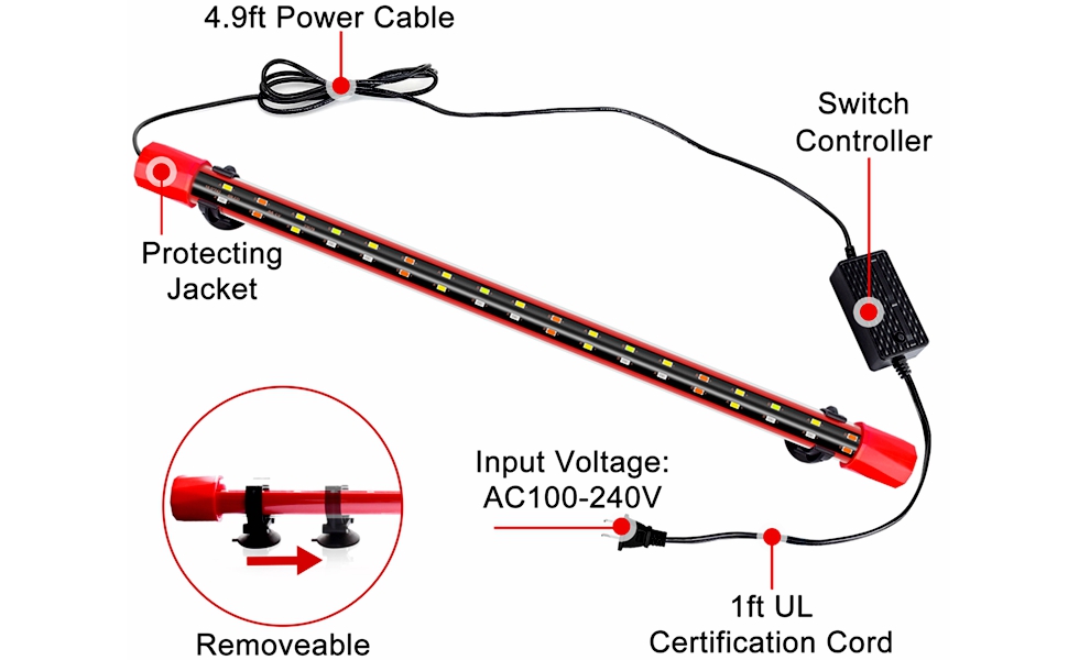 KZKR LED Aquarium Light Strip, Submersible Fish Tank Light with 3 Lighting Modes