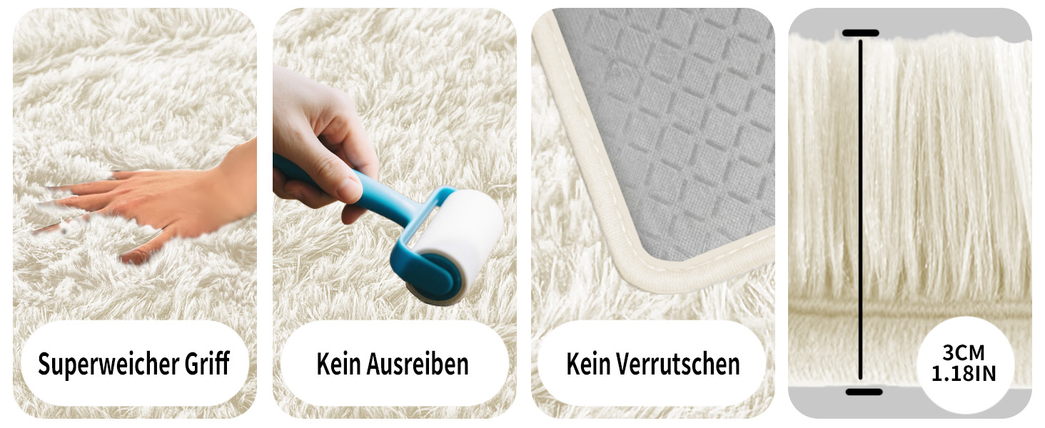 Vierteiliges Bild, das die Merkmale eines weißen, flauschigen Teppichs zeigt: weiche Textur, kein Ausfallen, rutschfeste Unterseite und 3 cm Florhöhe. Deutsche Textetiketten verfügen jeweils über ein Merkmal.