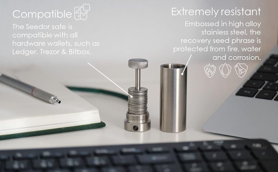 Safe Starter Kit Travel Edition – Bitcoin Steel Wallet, Seed Back-Up, Crypto Wallet, Recovery Phrase Offline Cold Storage, compatible with Hardware Wallets like Coldcard, Ledger, Trezor 13 Seedor Steel Wallet Recovery Seed back Up