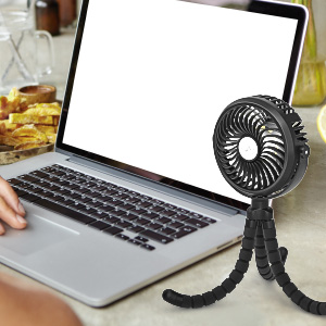 the personal fan stand on the desk