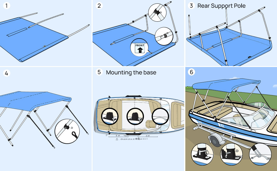 Kemimoto 3 Bow Bimini Tops for Boats, Blue 79"84" Fits VHull Fishing