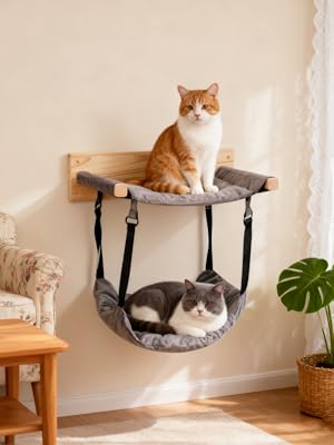 Wooden Cat Wall Hammock, 18.9 x 12.6 Inch Double Layer Cat Furniture Hammock, Large Cats Bed