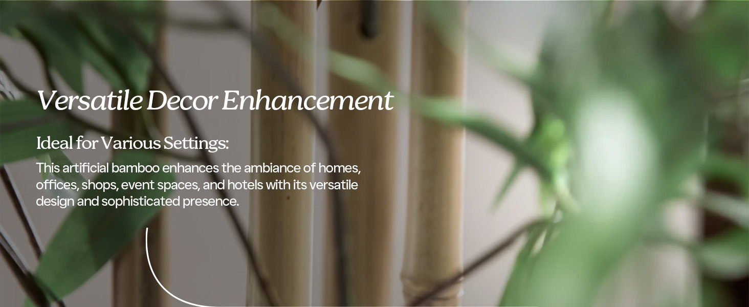 A large indoor plant accompanied by the text "versatile decor enhancement" displayed nearby.