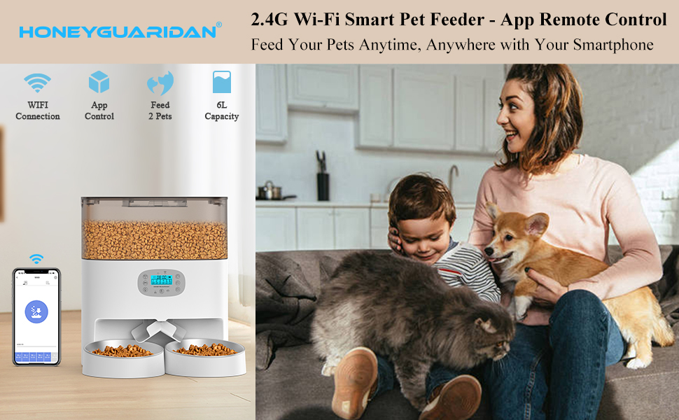 HoneyGuaridan Automatic Cat Feeder, 2.4G WiFi Enabled Smart Pet Feeder