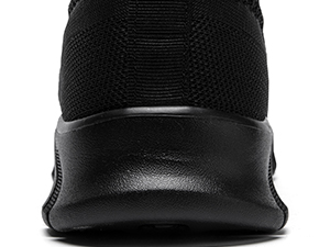 Close-up of a black athletic shoe's heel and ankle area. Features a high-top design with textured fabric upper and smooth leather-like lower portion.