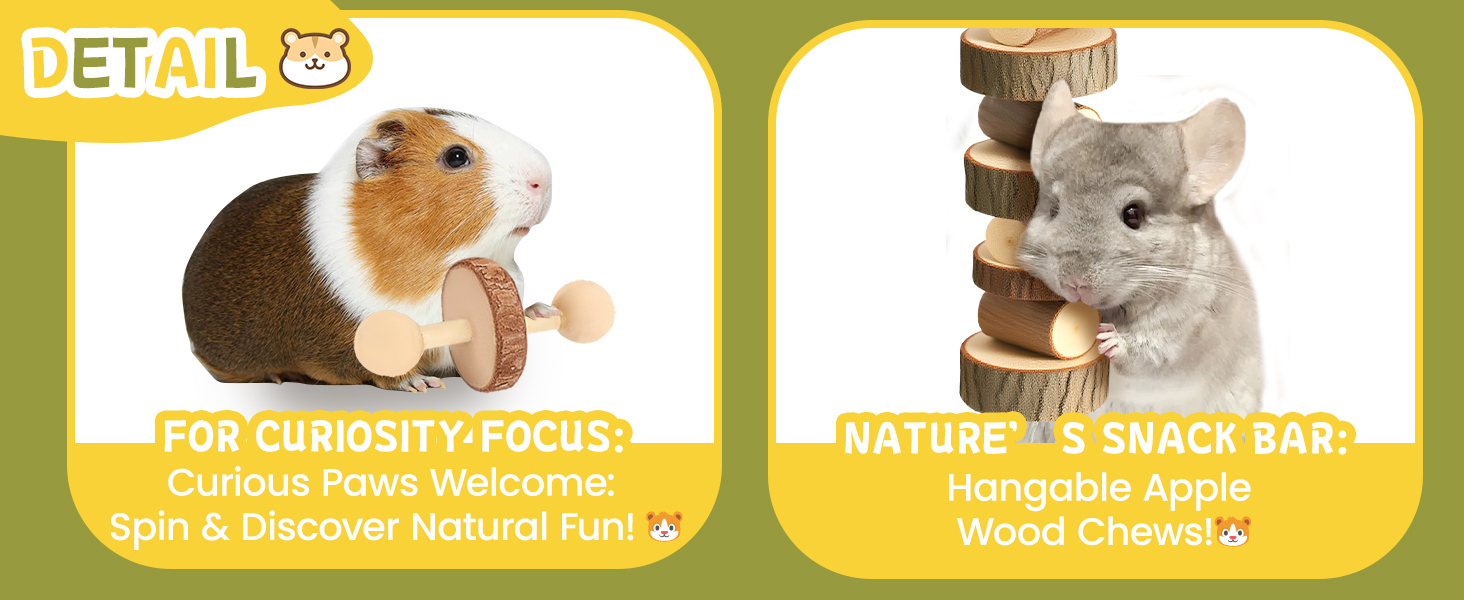 Small wooden wheel and applewood chew skewers