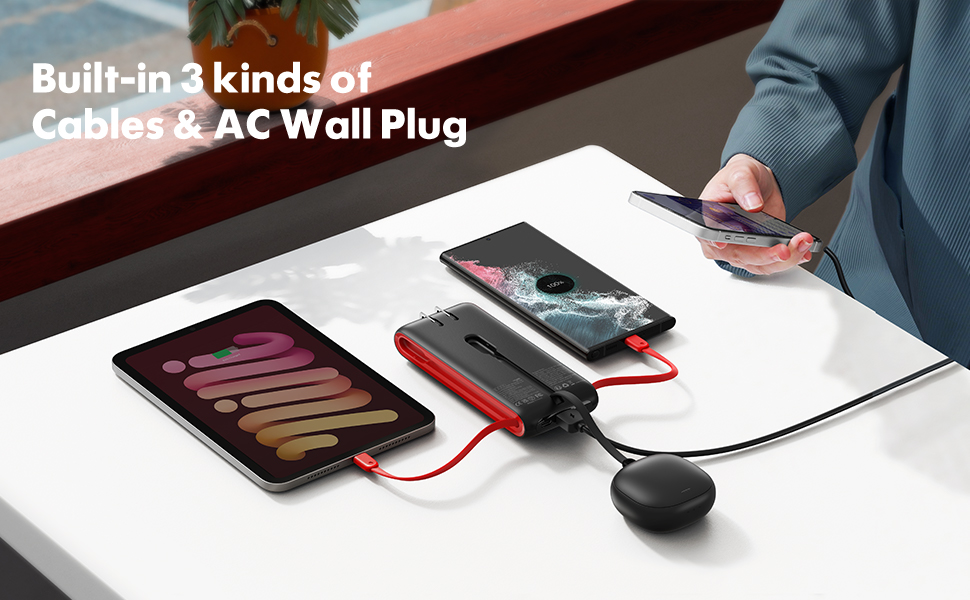 Portable Charger with Built-in Cables and AC Wall Plug