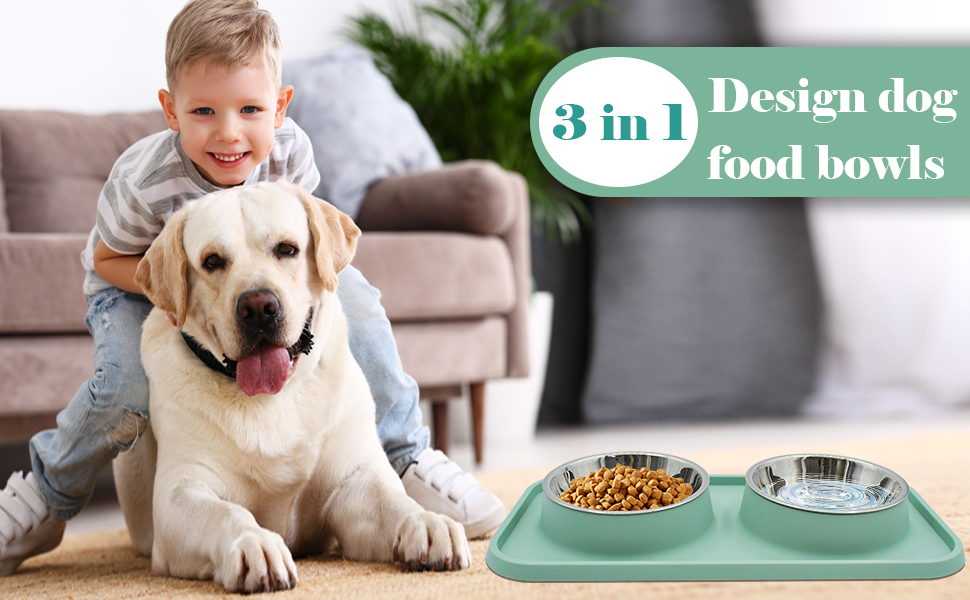 Dog Bowls Stainless Steel Dog Food Water Bowl Set with Stand, Feeding Bowls Non-Skid Silicone Mat