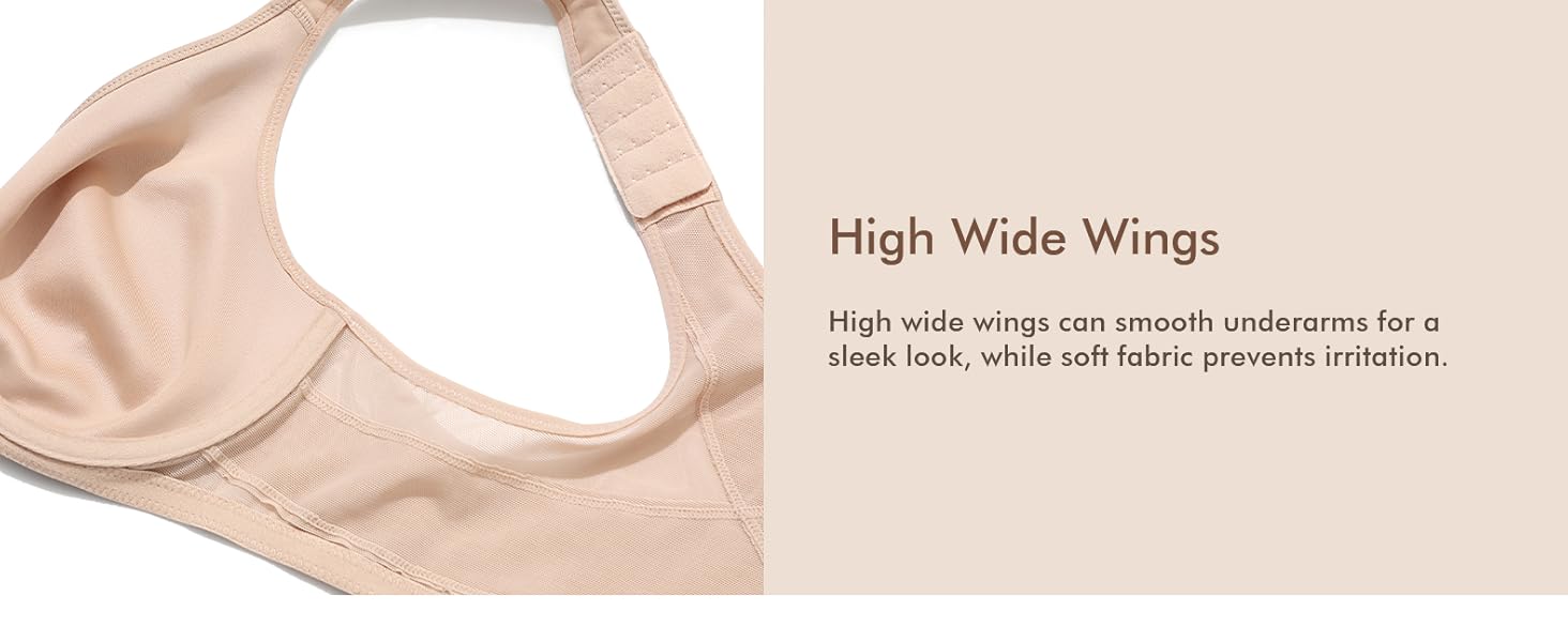 Il testo dice 'Ali alte e larghe'. Sezione del reggiseno beige mostrata con testo che spiega come ali alte e larghe possono appiattire le ascelle.